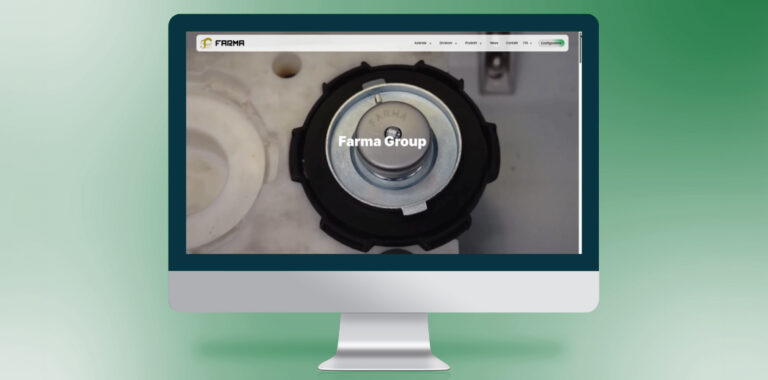 Mockup desktop che mostra un componente per serbatoi tratto dal video iniziale del nuovo sito di Farma Group, con sfondo verde sfumato.