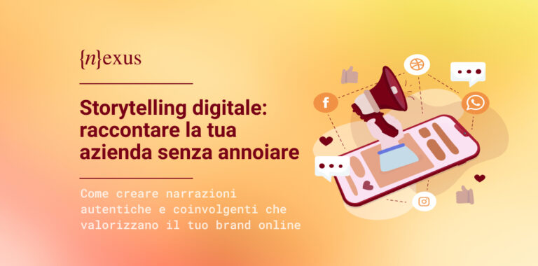 Illustrazione vettoriale con smartphone, megafono e icone social come Facebook, Instagram e WhatsApp, su sfondo giallo sfumato. A sinistra il titolo “Storytelling digitale: raccontare la tua azienda senza annoiare” e il sottotitolo “Come creare narrazioni autentiche e coinvolgenti che valorizzano il tuo brand online”.