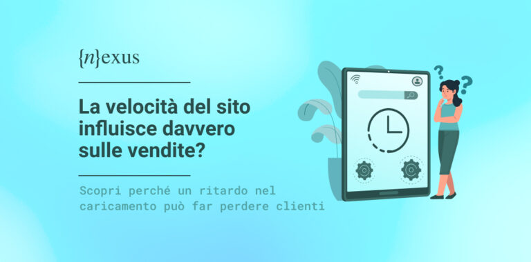 Illustrazione vettoriale con una persona che osserva un grande schermo con icona di orologio e simboli di caricamento, su sfondo azzurro, accanto al titolo “La velocità del sito influisce davvero sulle vendite?”