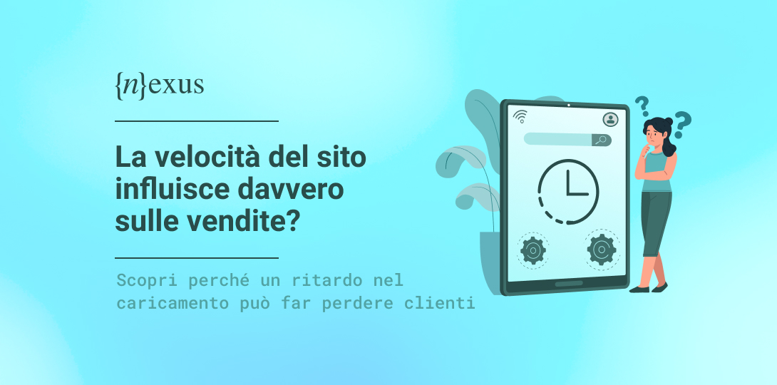 Illustrazione vettoriale con una persona che osserva un grande schermo con icona di orologio e simboli di caricamento, su sfondo azzurro, accanto al titolo “La velocità del sito influisce davvero sulle vendite?”